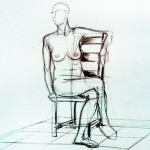 The dreaded chair! One of the least popular, but arguably the most useful, exercises in our Life Drawing for Animation sessions is the use of the chequered podium and an upright chair, both drawn in the first third, Clare modelling nude on the chair in the second third and the last third is the same pose clothed. This exercise is a fierce piece of perspective work and especially, incredibly, useful for those working in multi-layered animation and illustration.
